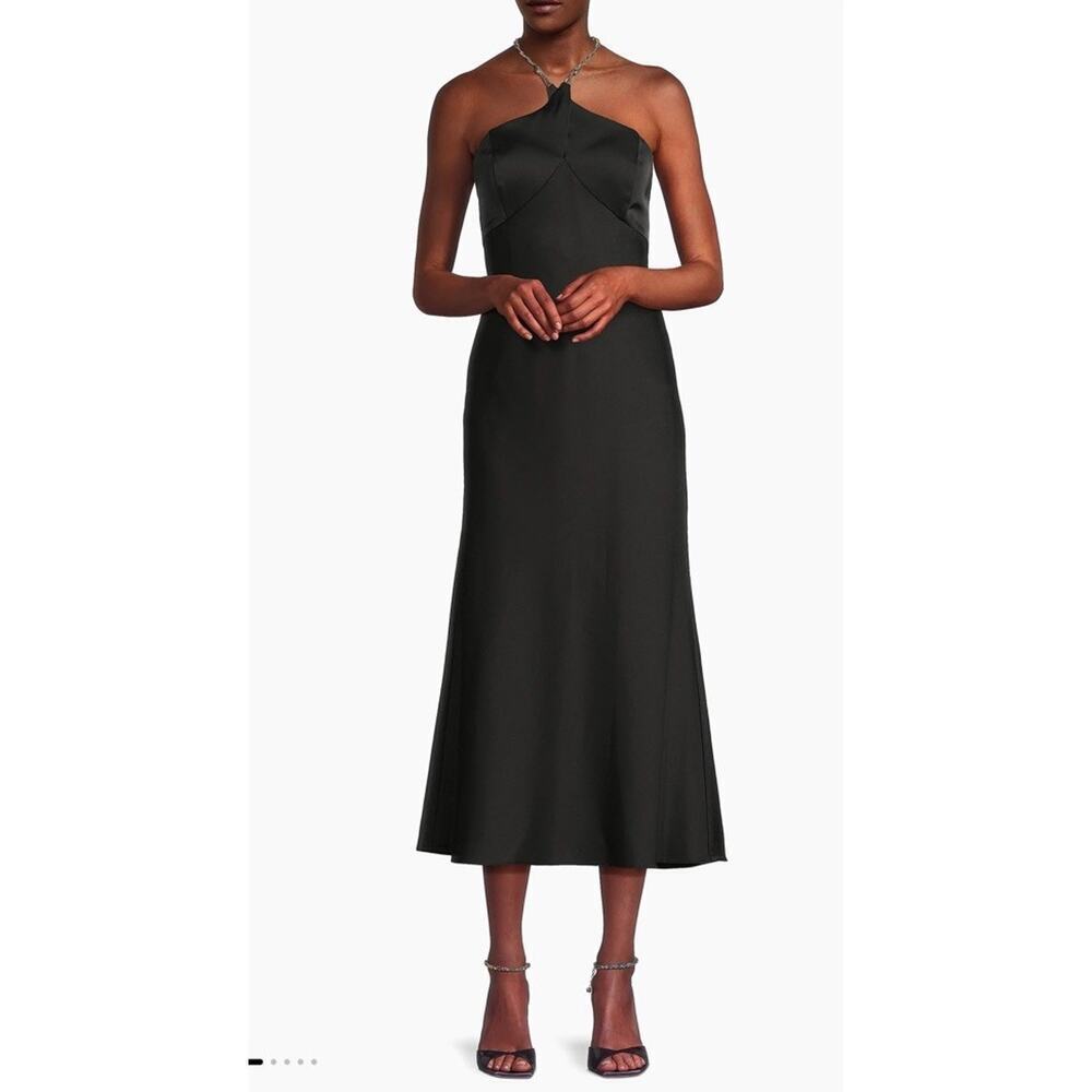 Liv Foster Stretch Satin Quinn Halter neck Midi-Dress Black Sz 4 $295 NWT
